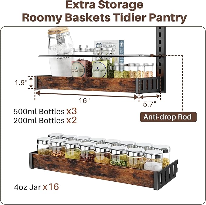 8 Tier Over The Door Pantry Organizer, 2 IN 1 Wall Mount or Metal Hanging Spice Rack for Pantry Organizers and Storage, Seasoning Shelves，Adjustable Basket with Hooks for Kitchen, Bathroom,Laundry