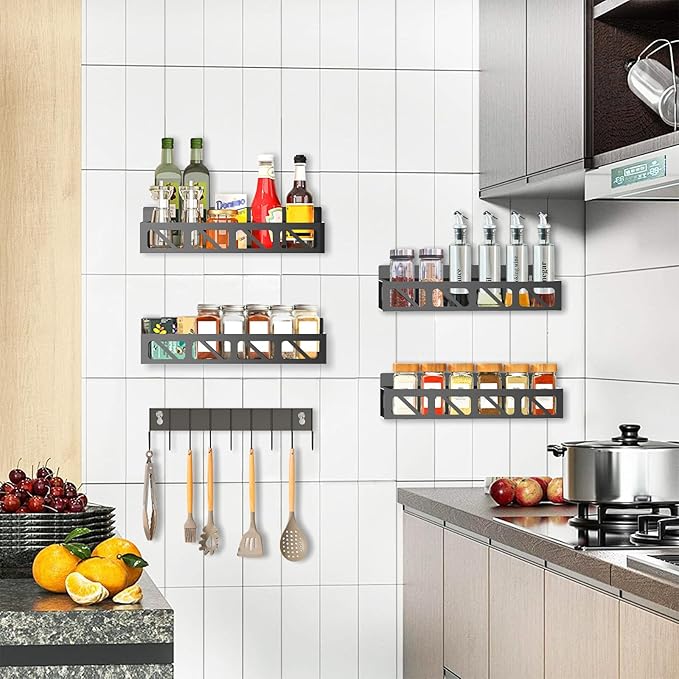 Magnetic Spice Rack Organizer for Fridge Seasoning Organizer for Kitchen storage with Screw or Adhesive Hanging,Magnetic Shelf with Hook for Refrigerator and Oven (Black-non-magnetic, 4pack)