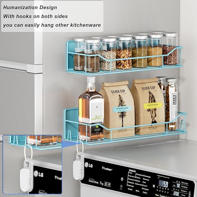 Magnetic Spice Rack for Refrigerator,8 Pack Magnetic Fridge Shelf, Moveable Spice Organizer with Hook Rack, Paper Towel Holder, Utensil Holder,cup lid holder, Super Magnetic Rack Set (Blue)