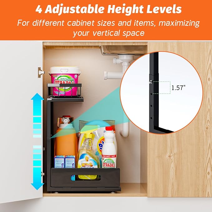 ADBIU Under Sink Organizer(10 Seconds Installation), 1 Pack 2 Tier Expandable Height (11" - 16") Under-Sink Organizers Slide out Pull out Organizer Shelf…