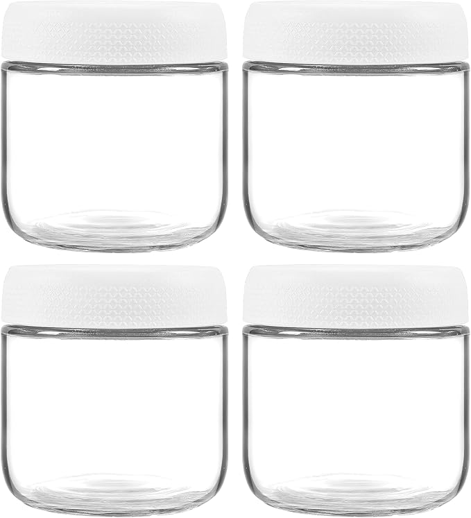 4 Pack Glass Clear Storage Canister with Airtight Lid, 12oz Overnight Oats Containers, Small Cute Decorative Pantry Jar for Snacks, Yogurt, Cereal, Fruit, Salad, Spice, Sugar, Coffee - White