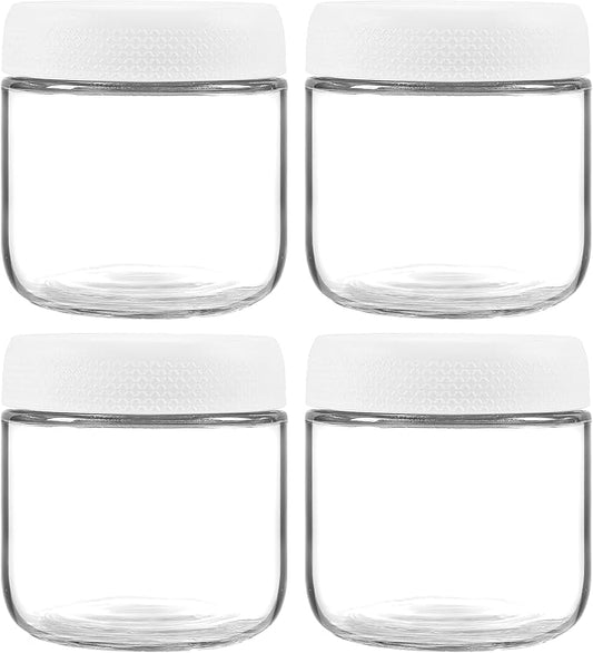 4 Pack Glass Clear Storage Canister with Airtight Lid, 12oz Overnight Oats Containers, Small Cute Decorative Pantry Jar for Snacks, Yogurt, Cereal, Fruit, Salad, Spice, Sugar, Coffee - White