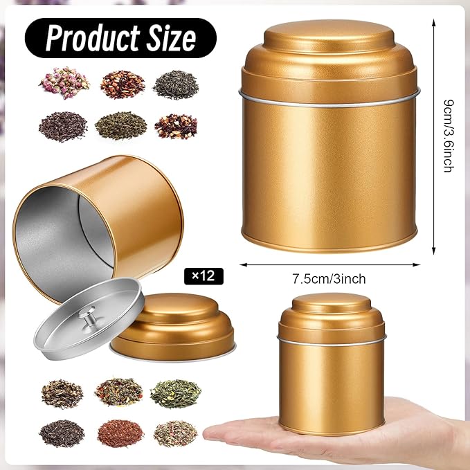 12 Pcs Tea Tin Canister with Airtight Double Lids 8 oz Round Tin Can Box Small Kitchen Tea Canister Loose Leaf Storage Containers for Loose Bags Coffee Sugar Candy Spices(Bronze Gold)