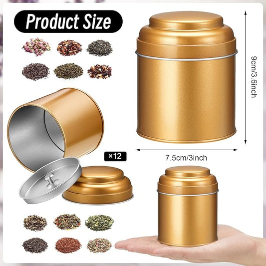 12 Pcs Tea Tin Canister with Airtight Double Lids 8 oz Round Tin Can Box Small Kitchen Tea Canister Loose Leaf Storage Containers for Loose Bags Coffee Sugar Candy Spices(Bronze Gold)