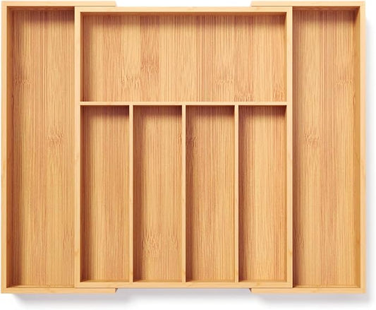 Expandable Kitchen Drawer Organizer,Bamboo Silverware Organizer for Utensils,Adjustable Flatware Tray(16.92 * 13.30~22.83 * 1.96)