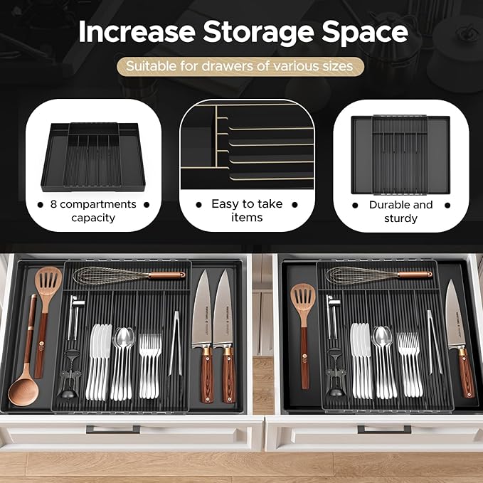 JYPS Silverware Organizer: Expandable Multipurpose Drawer Organizer for Forks, Knives and More - Black