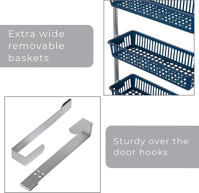 Smart Design Over-The-Door Organizer for Storage – Perfect for Pantry Organization, Bedroom, Bathroom Storage, Playroom, or Kitchen - Adjustable Steel Frame with 6 Baskets & Wall Mount – Blue …