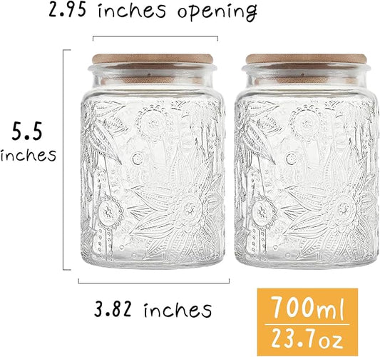 Vintage Glass Jar with Bamboo Lid, 23.7 FL oz - Airtight Decorative Food Storage Canisters for Kitchen Counter, Ideal for Candy, Sugar, Coffee, Cookies (Sunflower*2)