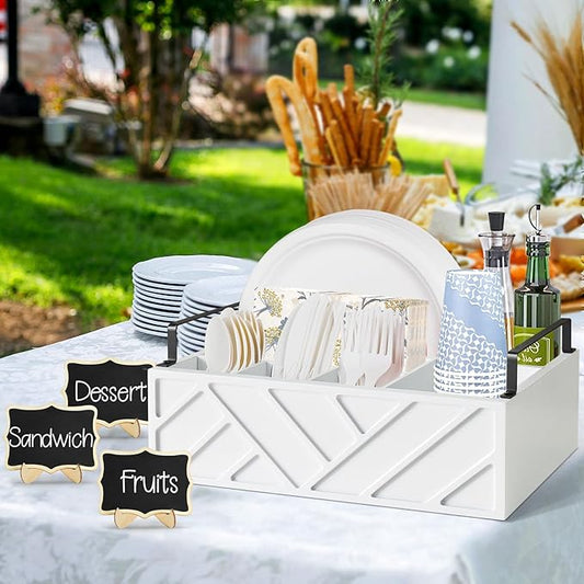 Paper Plate Dispenser with 10 Mini Chalkboard Signs, Wood Paper Plate Holders, Utensil Holder for Party Camping Buffet, Cutlery Flatware Organizer Box, Silverware Caddy for Plate Cup Fork Spoon(White)