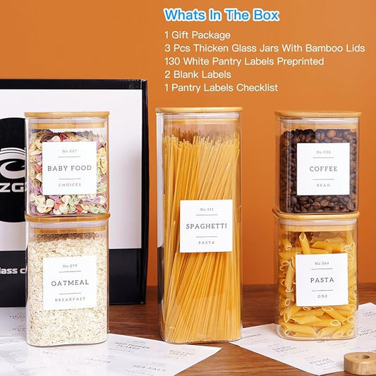 5 Pack Square Glass Pantry Storage Containers with 132 Kitchen Food Pantry Labels - Clear Glass Jars with Airtight Wood Bamboo Lids - Glass Canisters for Cookies, Nuts, Cereal
