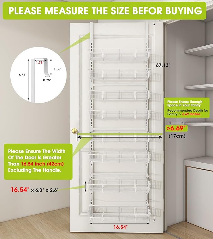 Over The Door Pantry Organizer, Wall Mount Spice Rack, Pantry Hanging Storage and Organization, 8 Adjustable Baskets Heavy-Duty Metal for Home & Kitchen, Back of Door Seasoning Rack - White