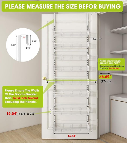 Over The Door Pantry Organizer, Wall Mount Spice Rack, Pantry Hanging Storage and Organization, 8 Adjustable Baskets Heavy-Duty Metal for Home & Kitchen, Back of Door Seasoning Rack - White