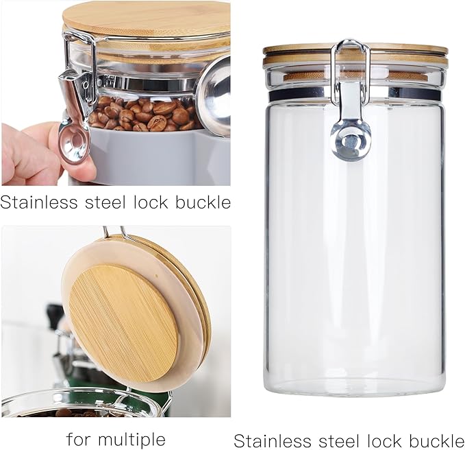 KKC HOME ACCENTS Airtight Clear Glass Food Storage Jar with Clamp Lid and Scoop,Glass Canister with Sealed Bamboo Lid for Loose Tea,Coffee Bean,Nut,Sugar,40 Fluid Ounce