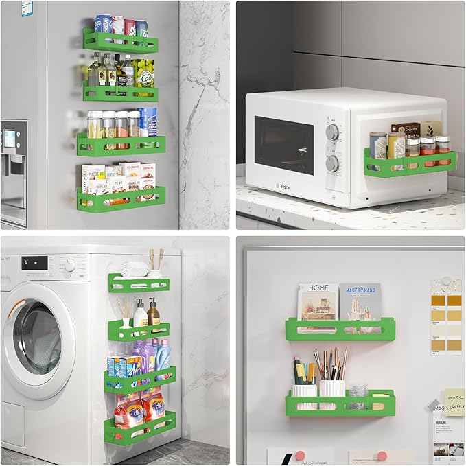 4 Pack Magnetic Spice Rack for Refrigerator, Spice Rack Organizer, Moveable Magnetic Shelf Fridge Organizer with 4 Hooks for Kitchen and Oven Organization, Green