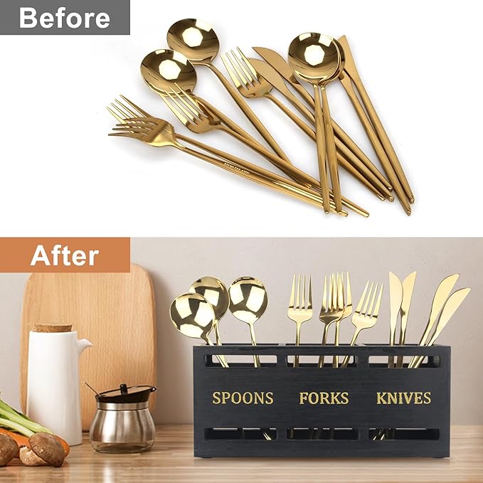 Ayiaren Wooden Cutlery Silverware Holder Flatware Utensil Caddy Black Utensil Holder for Kitchen Counter Wood Silverware Caddy Organizer for Table Countertop Spoon Knife and Fork Holder for Parties