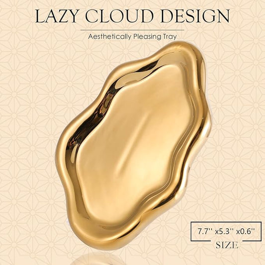 Ceramic Jewelry Tray Trinket Dish, Decorative Cloud Vanity Key Tray for Women, Ring Holder Dish, Cute Jewelry Plate Bowl Room Decor Aesthetic, Gold, Medium