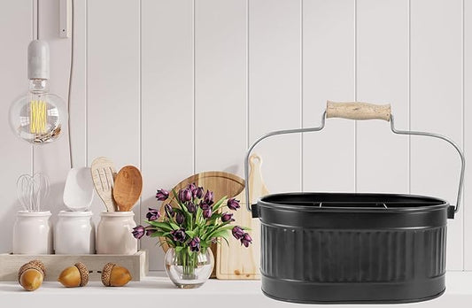 CLEENTABLE Rustic Galvanized Utensil Caddy - Farmhouse Silverware Holder for Kitchen, Dining, Picnic, Parties - Matte Black, 12-Inch, Durable Cutlery Organizer with Handle, Countertop Storage