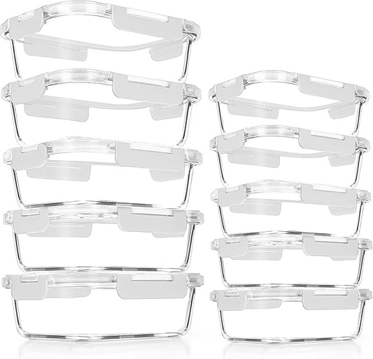 VERONES 10Pack Glass Meal Prep Containers, Airtight Glass Lunch Containers,Stackable Glass Food Storage Containers Set with Lids,Exclusive of BPA, for Microwave,Oven, Freezer&Dishwasher Friendly,White