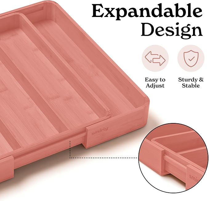SMIRLY Silverware Drawer Organizer – Bamboo Kitchen Drawer Organizer, Adjustable Utensil Holder and Cutlery Tray, Drawer Dividers for Flatware and Kitchen Utensils