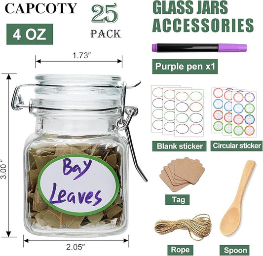 Brajttt 4 oz Spice Jars with Labels,25 Pack Small Glass Jars with Lids,Small Glass Containers with Airtight Hinged Lid for Home Kitchen, Arts & Crafts Projects, Spices, Decoration, Snack Foods