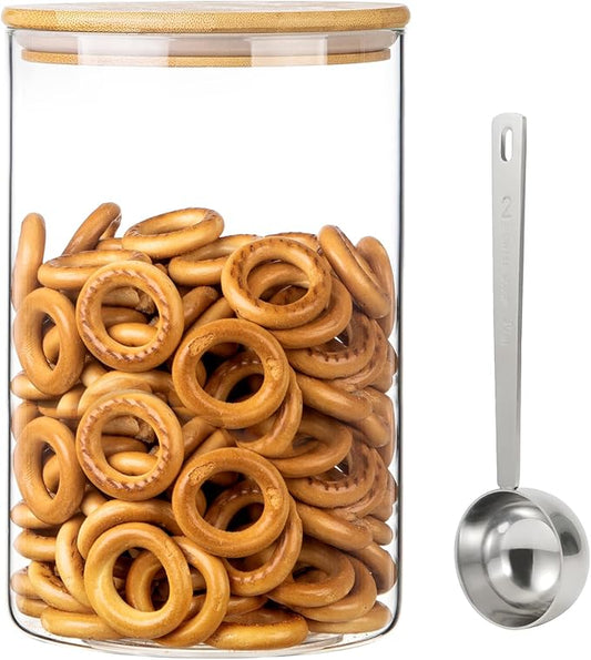 Wide Glass Jar with Bamboo Lid Clear Glass Food Canister with Scoop Thickened Glass Storage Jar for Kithen Pantry Cookie Coffee Ground Bean Tea Laundry Flour Sugar (3.5L/118 OZ-1 PACK)