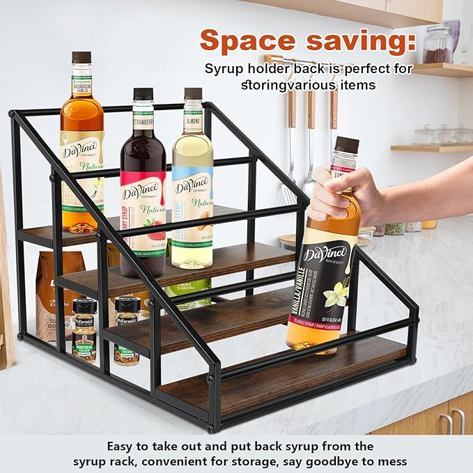 Coffee Syrup Rack Organizer,Liquor Bottle Display Shelf,Water cup display stand,Spice Rack Kitchen Cabinet Organizer,Rustic Brown,2 Packs 4 Tier 16 Bottle Coffee Syrup Holder