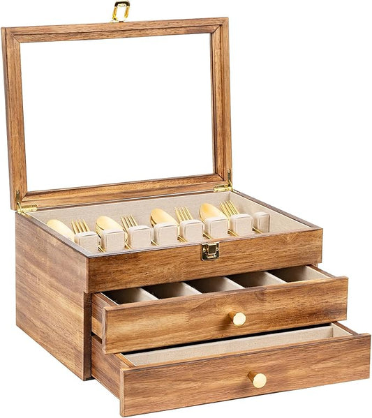 Silverware Box, 3-Layer Wooden Silverware Storage Box with Glass Lid, 14.5×10.6 Inches Vintage Style Decor Flatware Storage Case for Fine Flatware & Utensils, Gift Idea (Torched Wood)