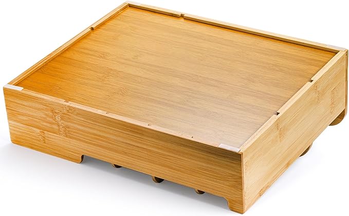 Frcctre Bamboo Utensil Caddy Organizer for Countertop, 8 Compartment Paper Plate Holder, Adjustable Utensil Holder Cutlery Organizer Box for Plate, Cup, Fork, Spoon, Napkin