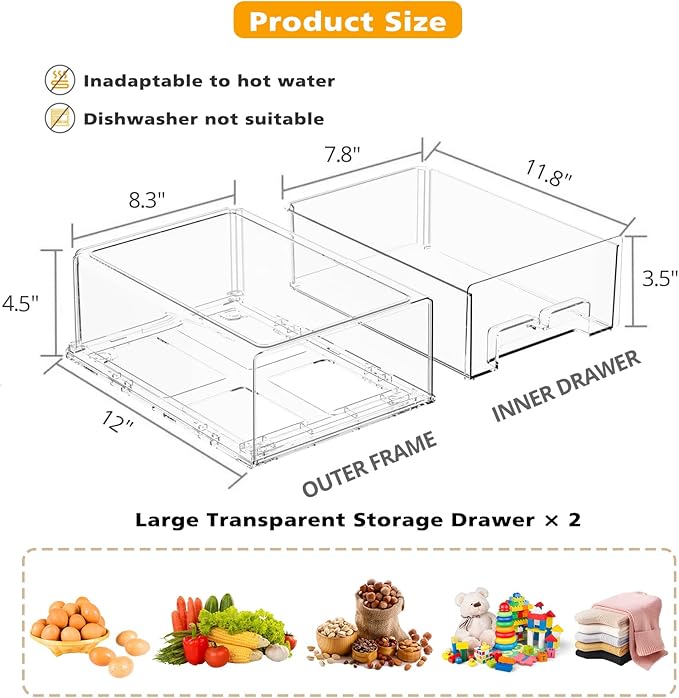 2 Pcs Refrigerator Organizer Bins Pull-Out Drawers, Clear Fridge Drawers, Stackable Fridge Organizer Drawers, Food Storage Containers for Fruit & Vegetables, for Kitchen, Freezers, Storage Rooms