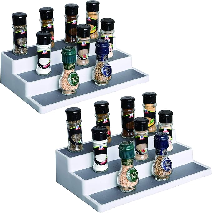Sooyee 2 Pack 3-Tier Spice Rack,Waterproof and Non Skid Spice Shelf,Modern 3 Step Kitchen Organizer Shelf for Pantry Cabinet or Countertop,Gray