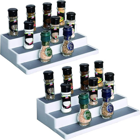 Sooyee 2 Pack 3-Tier Spice Rack,Waterproof and Non Skid Spice Shelf,Modern 3 Step Kitchen Organizer Shelf for Pantry Cabinet or Countertop,Gray