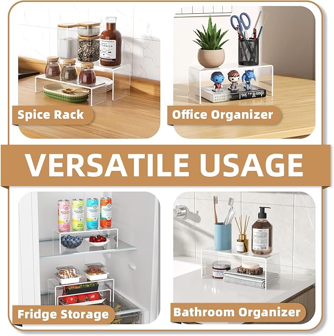 10 Pack Acrylic Spice Rack Organizer for Cabinet(10.8"~12.4"L), 5 Size Seasoning Organization with Non-Slide Silicone Pads, Clear Shelf Riser Storage Can & Cup for Kitchen Countertop, Cupboard, Pantry