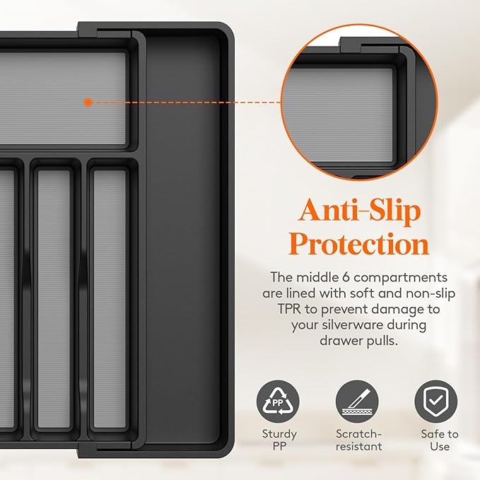 Lifewit Silverware Drawer Organizer, Expandable Utensil Tray with Non-Slip TPR, Deep Flatware Cutlery Holder, Adjustable Plastic Kitchen Storage for Spoons Forks Knives, Large, Black and Gray
