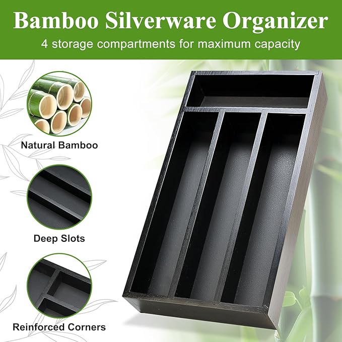 Small Silverware Organizer for Drawer Bamboo Kitchen Utensil Tray Narrow Cutlery Drawer Organizer Flatware Caddy Wooden Utensil Drawers Spoon Fork Holder Black Skinny Silverware Trays Organizers