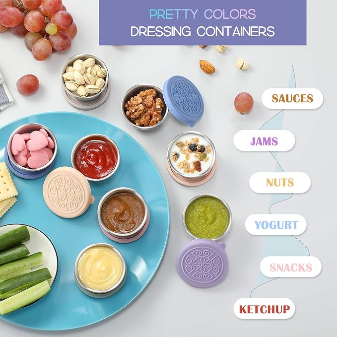 [6 Pack] Salad Dressing To Go Containers, 1.6 oz Small Stainless Steel Sauce Cups With Leakproof Silicone Lids, For Lunch Boxes, Picnics and Travel