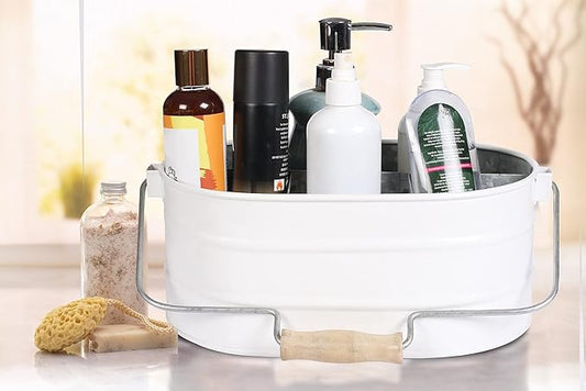Galvanized Metal Caddy with 4 Compartments, Rustic Farmhouse Kitchen Indoor Outdoor Picnic Utensil Holder, Multipurpose Storage Bin, Metal Garden Planters - 12 Inch - White
