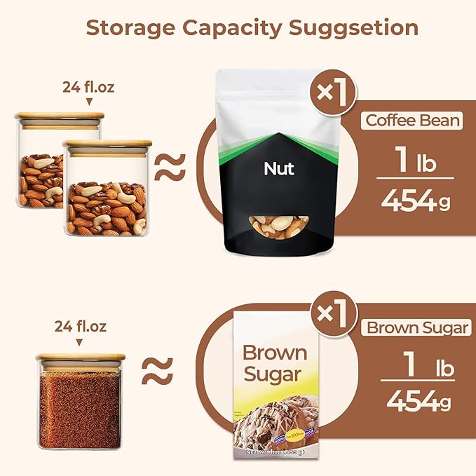 ComSaf 24oz Glass Food Storage Jars Set of 4, Clear Glass Storage Containers with Lids, Pantry Organization Jar, Spice Jar, Blooming Tea, Coffee and Sugar Container, Small Canister Set for Kitchen
