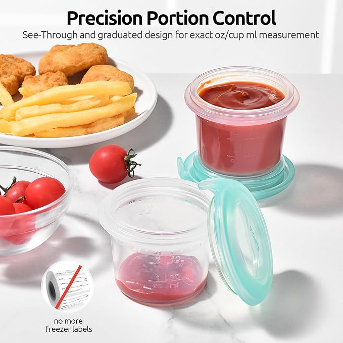U-Taste 2oz Silicone Food Container: Mini Kitchen Storage with Airtight Lid, Freezer & Microwave Safe, Dip Box with Date Marking Circle, Clear Round Stackable for Sauce, Dressing, Condiment (Teal)