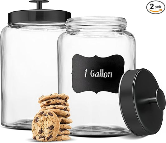 KooK Glass Storage Containers with Lids, Glass Jar with Lid, 1 Gallon, Set of 2, Glass Canister, Storage, Laundry, Kitchen Jar, (Circular, Black)