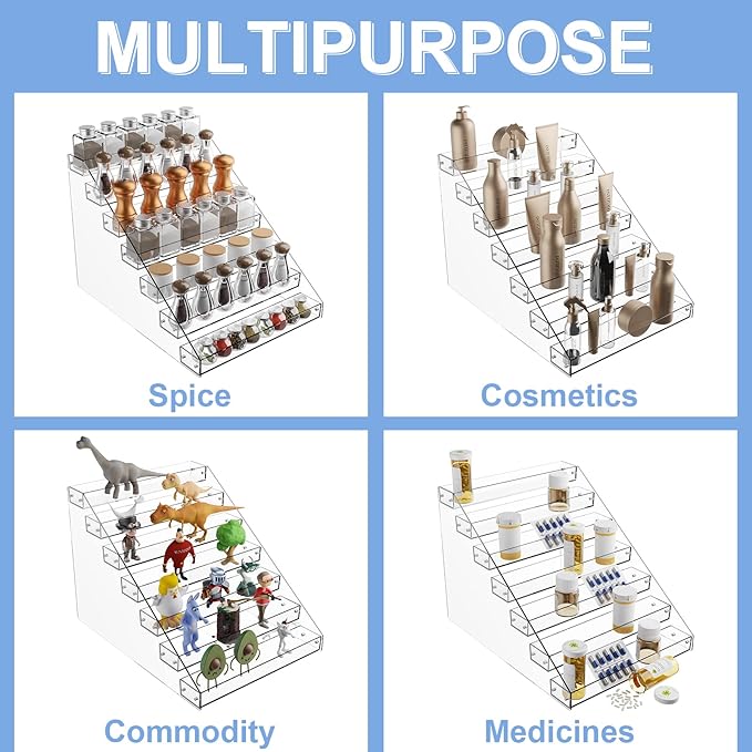 Tiered Spice Rack Acrylic, 7 Tier Clear Spice Rack Organizer for Cabinet, Vertical Spice Rack Shelf Durable Kitchen Seasoning Organizer for Countertop, Cabinet, Pantry, Kitchen Storage (7 Tier)