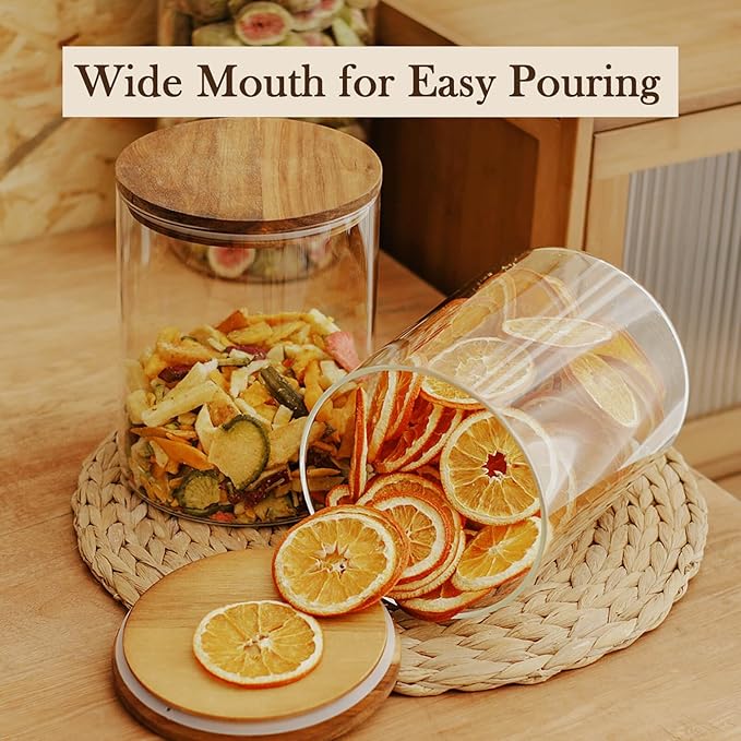 Labina Glass Storage Container Airtight Food Jars Kitchen Canister with Wood Lids, 94 Oz Wide Mouth Pantry Organization Glass Jar for Flour, Sugar, Cookie, Spagetti, Nuts and Candy (2 Pack)