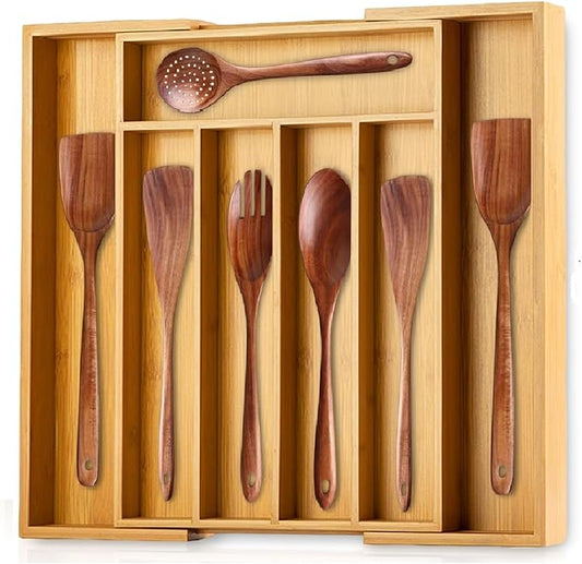 Bamboo Silverware Drawer Organizer Kitchen Utensil Holder -Expandable Cutlery Drawer Organizer with Dividers for Flatware, Storage Organizer (7 Slots)