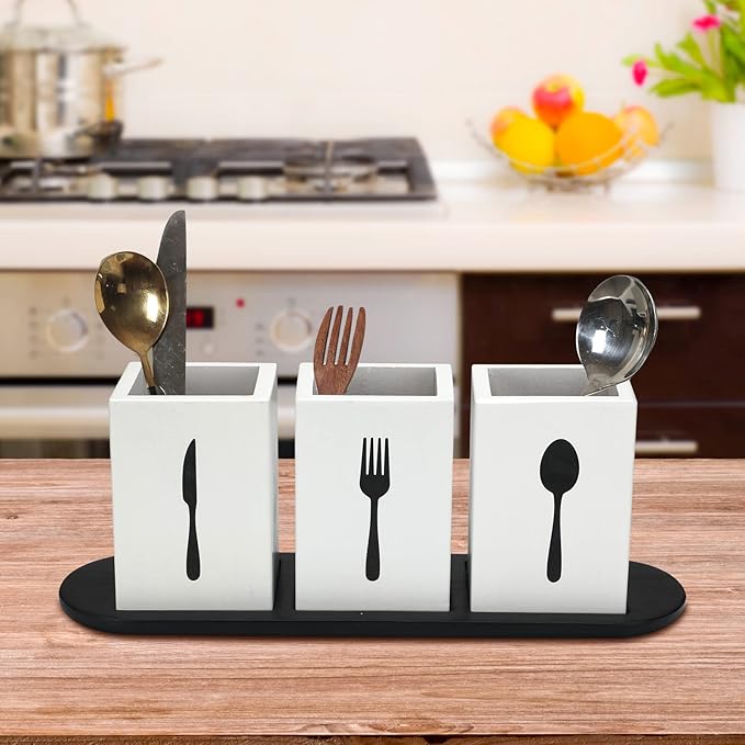 Kathfly 4 Pcs Silverware Caddy Utensil Holder for Countertop Silverware Organizer with Wood Tray Spoon Fork Holder 3. 15 x 3. 15 x 4. 53 Inches of Each Organizer for Kitchen Parties(White)
