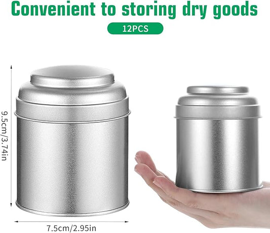 12Pcs Tea Canister Set with Airtight Double Lids, 8 Oz Silver Tea Tin Holder Organizer, Stainless Steel Round Tea-Canisters for Loose-Tea Storage, Coffee, Sugar, Spices