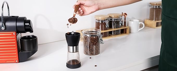 KKC HOME ACCENTS Air Tight Glass Coffee Sugar Tea Storage Containers set 3 with Clamp Lid and Spoons,Airtight Sealed Glass Jars Canisters with Scoops for Ground Coffee or Bean,Loose Tea,Sugar,27 Fl oz
