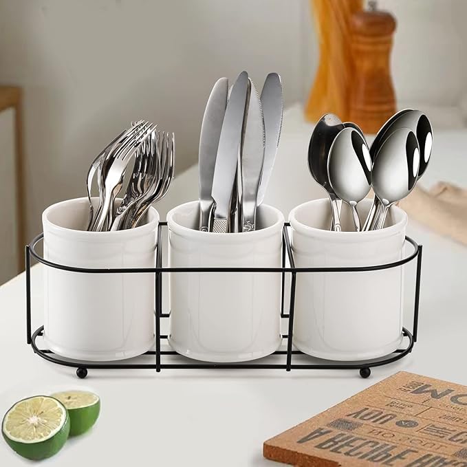 Bekith 3-Piece Ceramic Silverware Caddy with Metal Rack, Utensil Holder Flatware Caddy Cutlery Storage Organizer for Kitchen Table, Cabinet or Pantry
