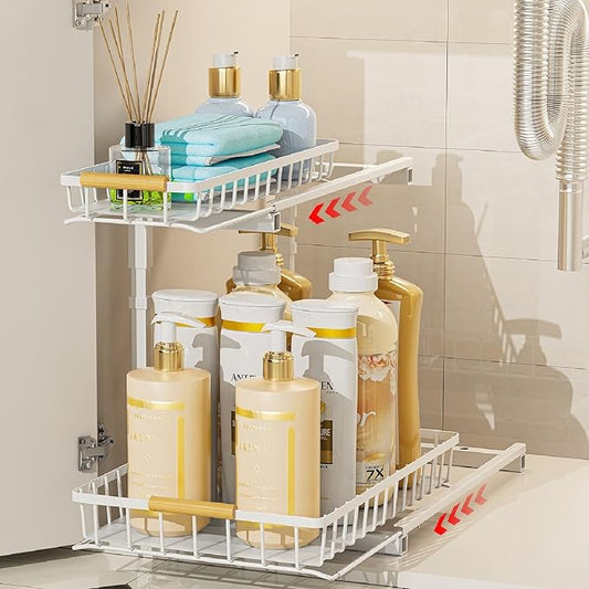 Delamu Metal Under Sink Organizer, Pull Out Cabinet Organizer, Slide Out Under Sink Storage Shelf, Undersink Organizers Shelves for Kitchen Bathroom Pantry