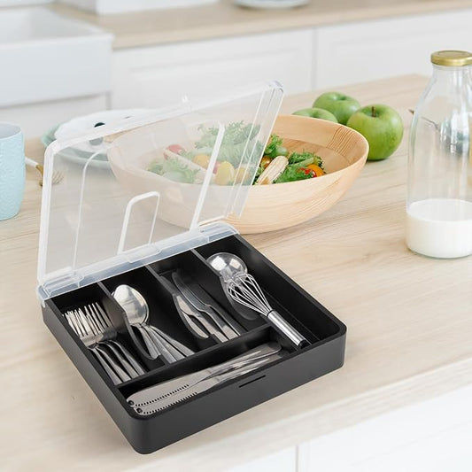 Bamboo Kitchen Drawer Organizer, Silverware Utensil Tray Holder, Extra Deep Grooved Drawer Divider, 5 Slots Total Bamboo Wood Caddy for Flatware Cutlery Knives, Forks, Spoons Eco-Friendly