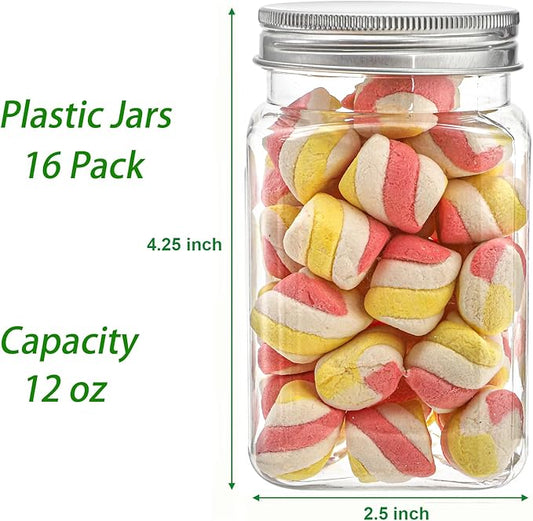 Bekith 12oz Clear Plastic Jars with Lids, Set of 16 Airtight Container for Food Storage, Refillable Square Empty Plastic Jars for Dry Food, Peanut Butter, Honey and Jam Storage