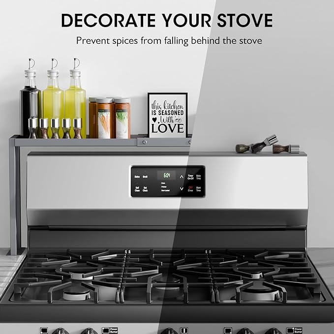 Bumusty Spice Rack Shelf for Kitchen Stove, 32" Stove Top Shelf, Stove Shelf for Back of Stove, Over the Stove Shelf, Kitchen Organizers, Oven Shelf for Top of Stove, Grey